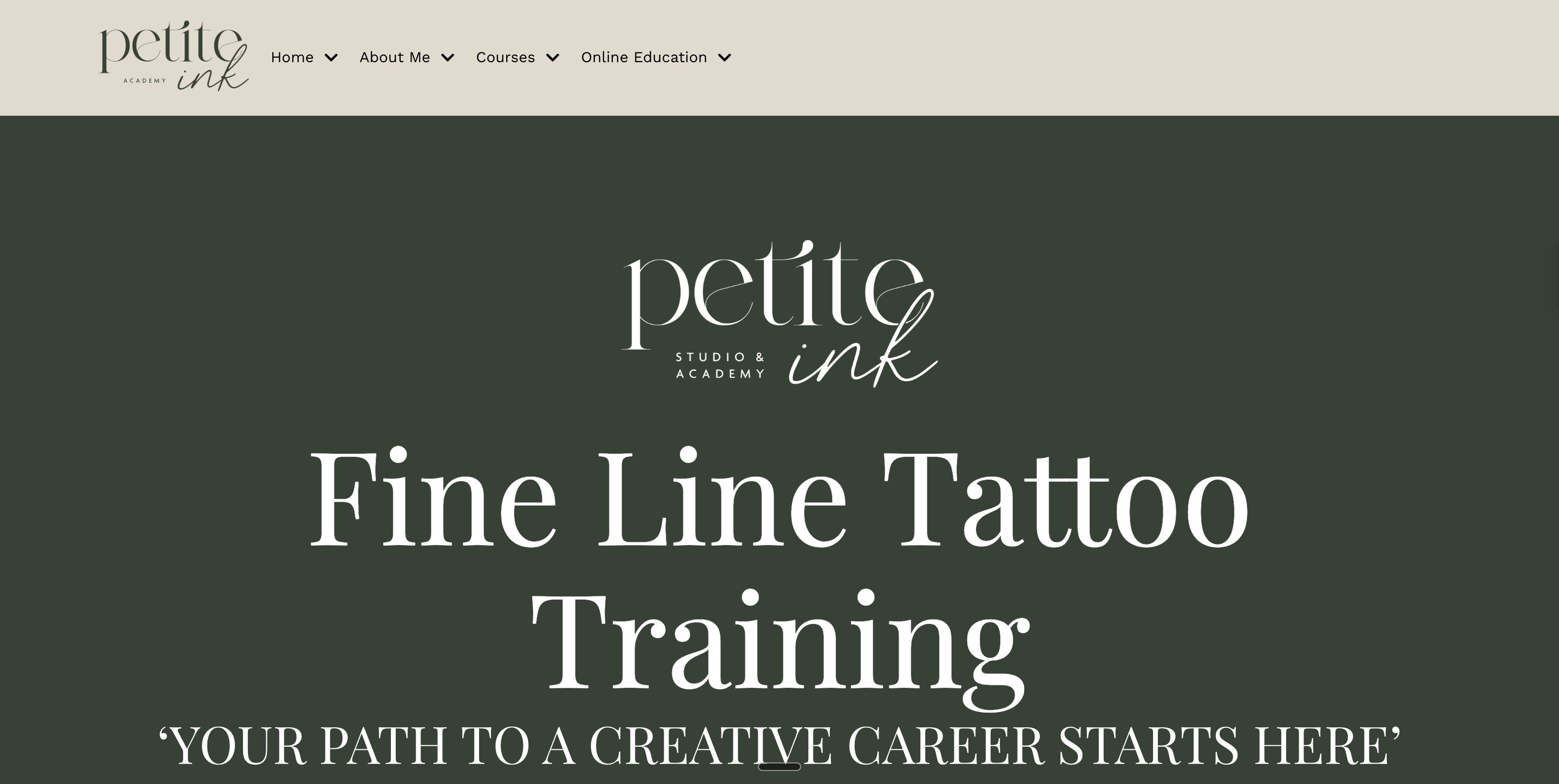 The old Petite Ink Academy homepage on Kajabi: a centred logo and large serif headline on a dark green background, with picture-heavy blocks below