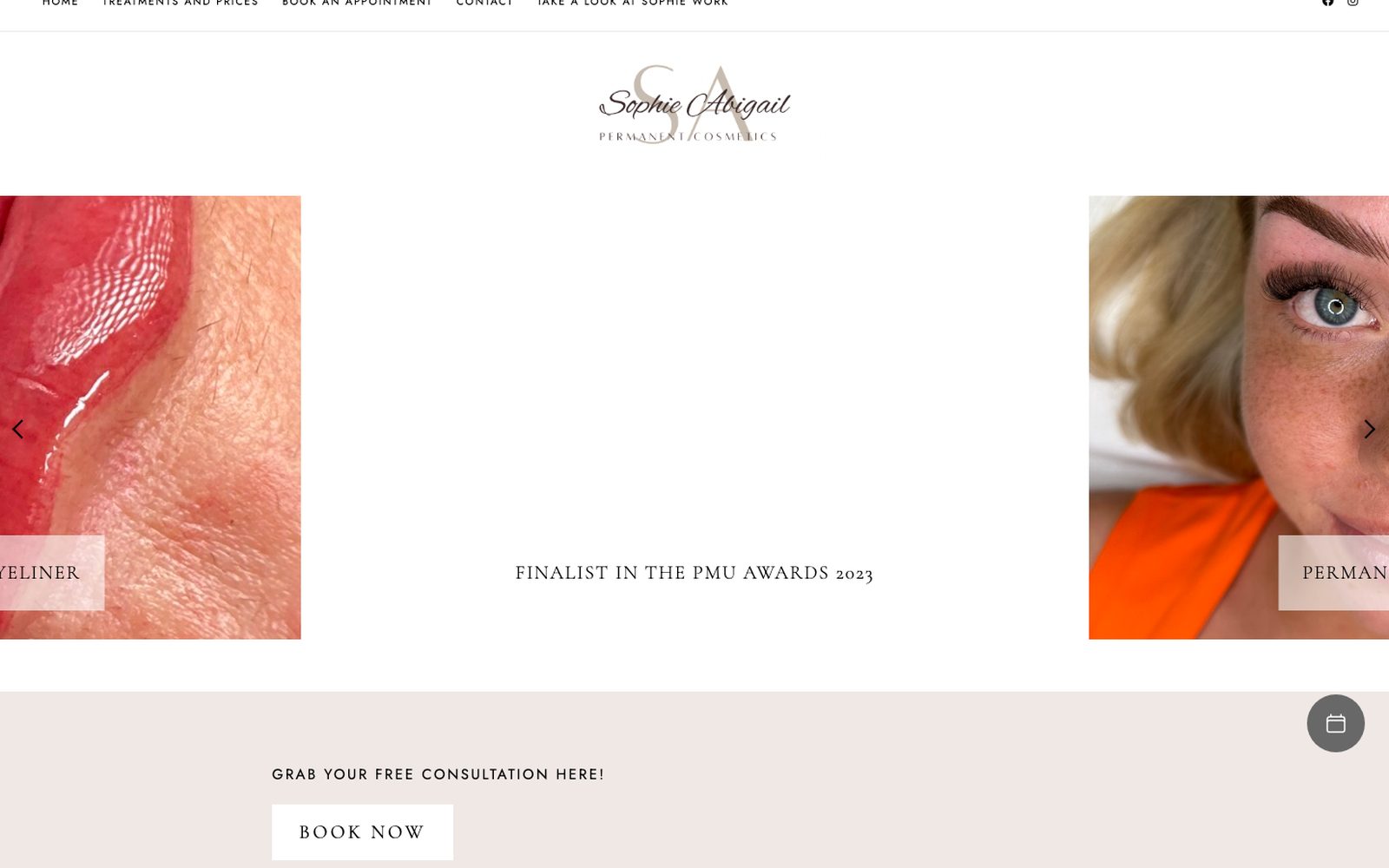 The old Sophie Abigail Permanent Cosmetics homepage: a centred script logo above a photo carousel with images displayed sideways, and a generic Book Now box