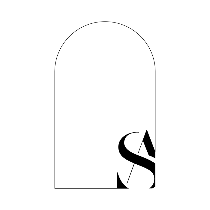Brand motif: a fine-lined Japandi arch with the small monogram inside
