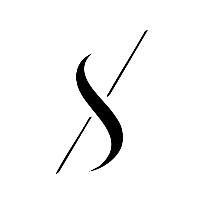 Brand motif: the serif S crossed by a single fine stroke