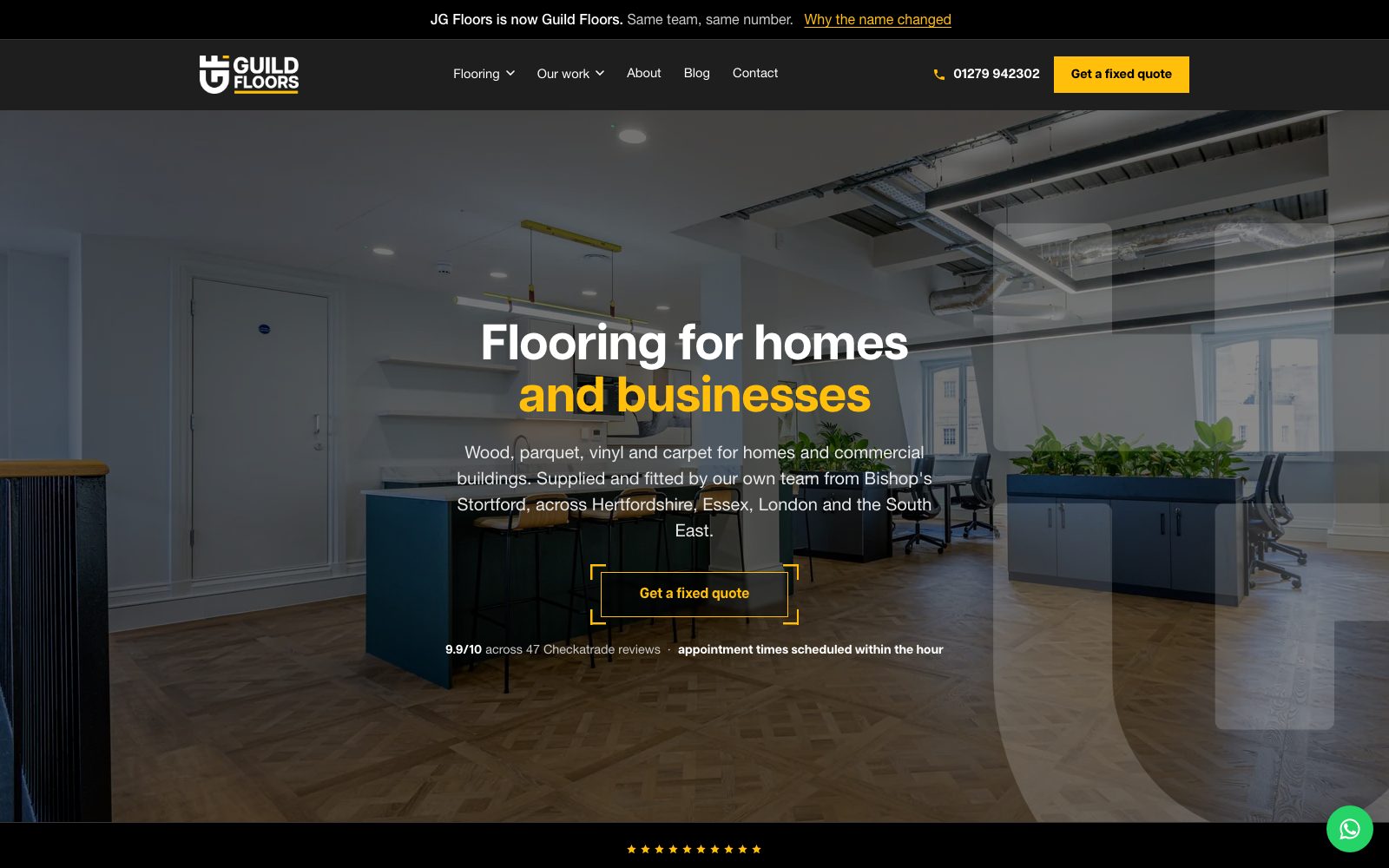 The new Guild Floors homepage on desktop, black and amber with the G monogram and a real floor photo