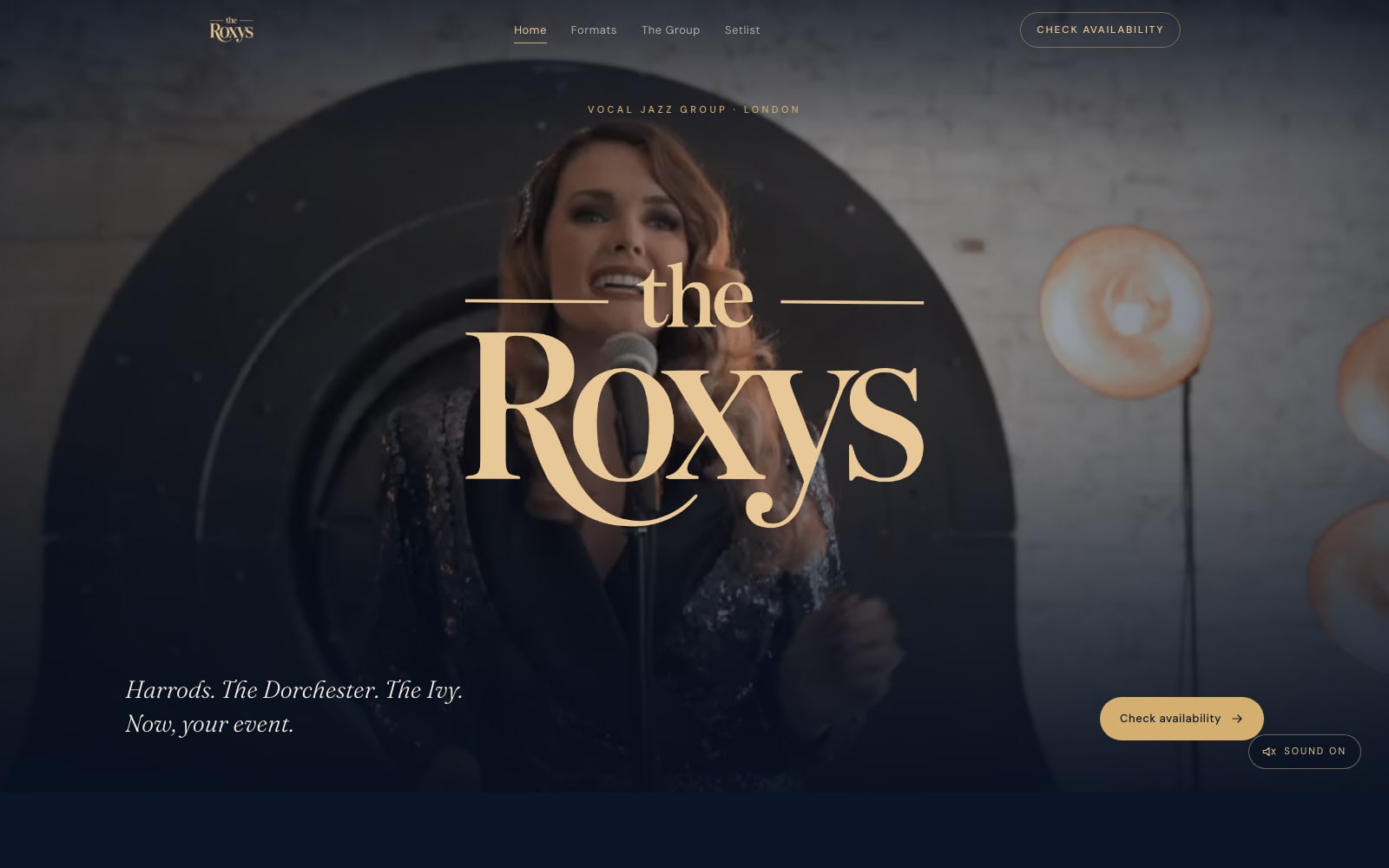 The Roxys website on desktop — vintage typographic logo with ROXYS over a video performance still